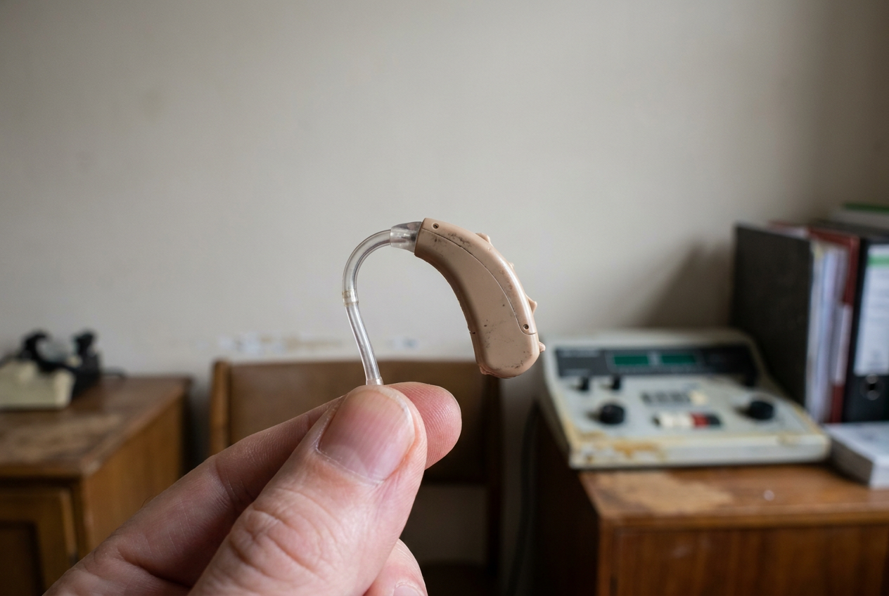 A small beige behind-the-ear hearing aid held between finger and thumb