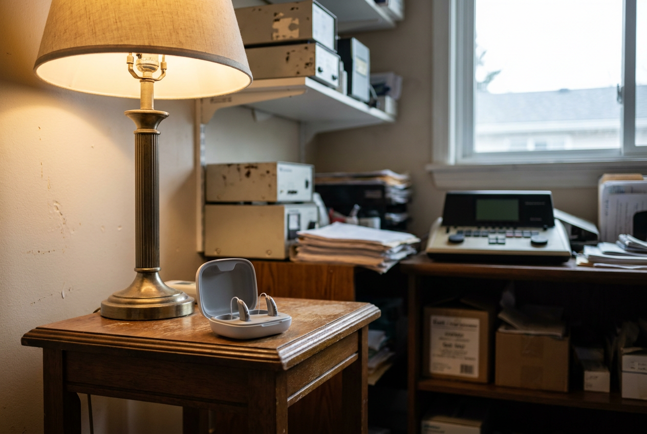 Two hearing aids resting in an open charging case on a wooden side table beside a lamp